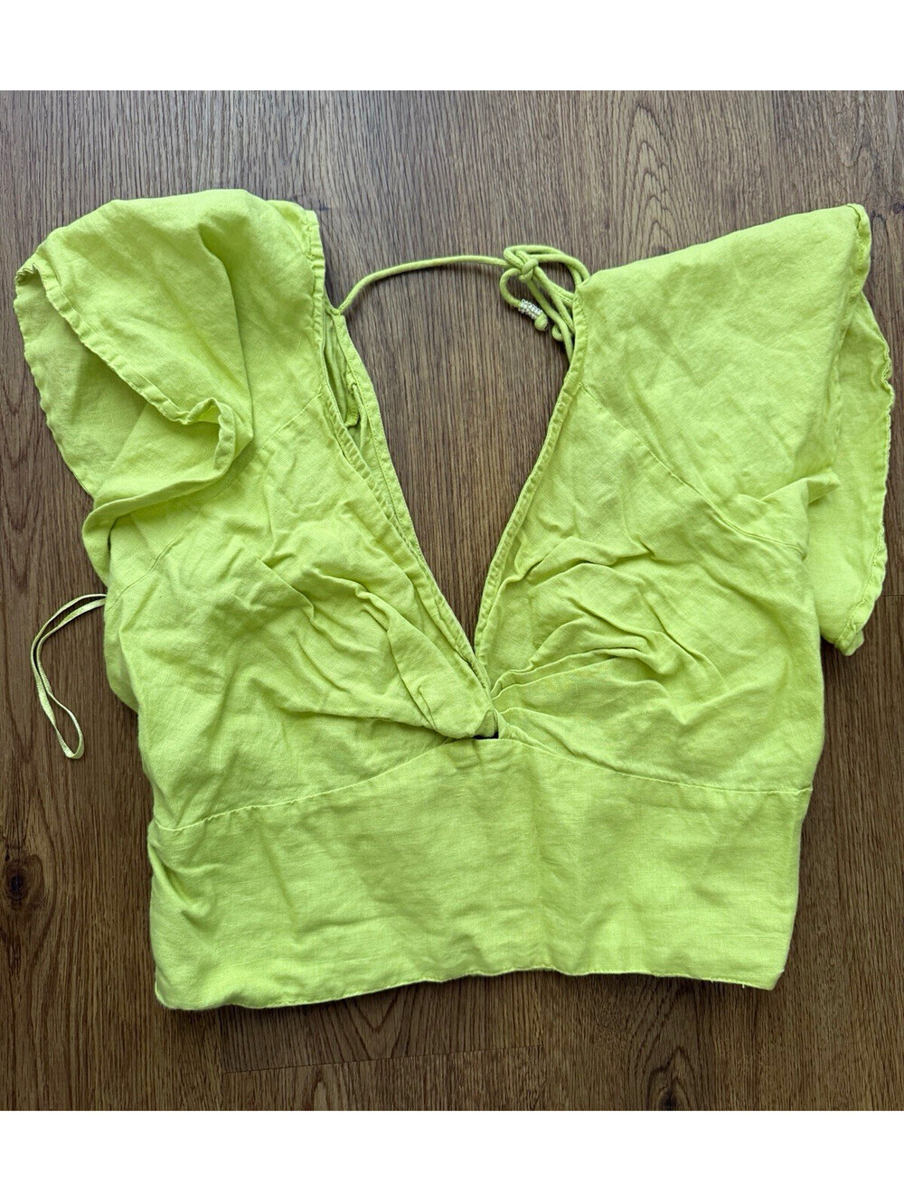 By Anthropologie Lime Green Linen Crop Top L Deep V Open Back Smocked Halter